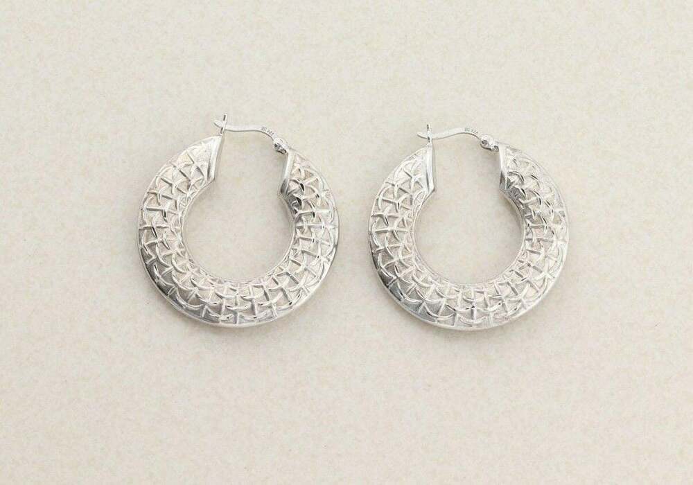 Sterling Silver Textured Hoop Earrings 1 1/4" Hoops